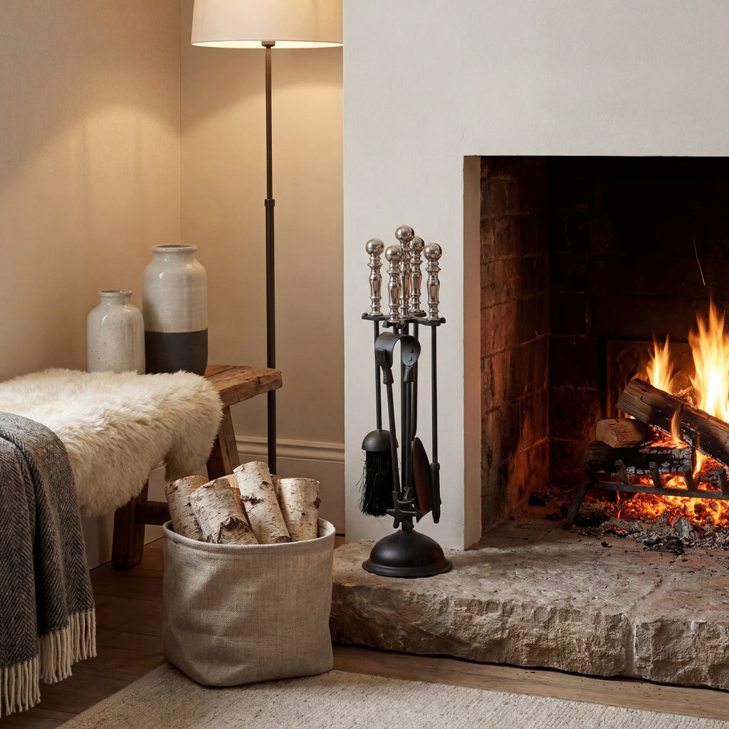 Black fireplace tool rack with silver-toned finials on a stone hearth beside a lit fireplace, with a log basket, wooden bench and floor lamp nearby.