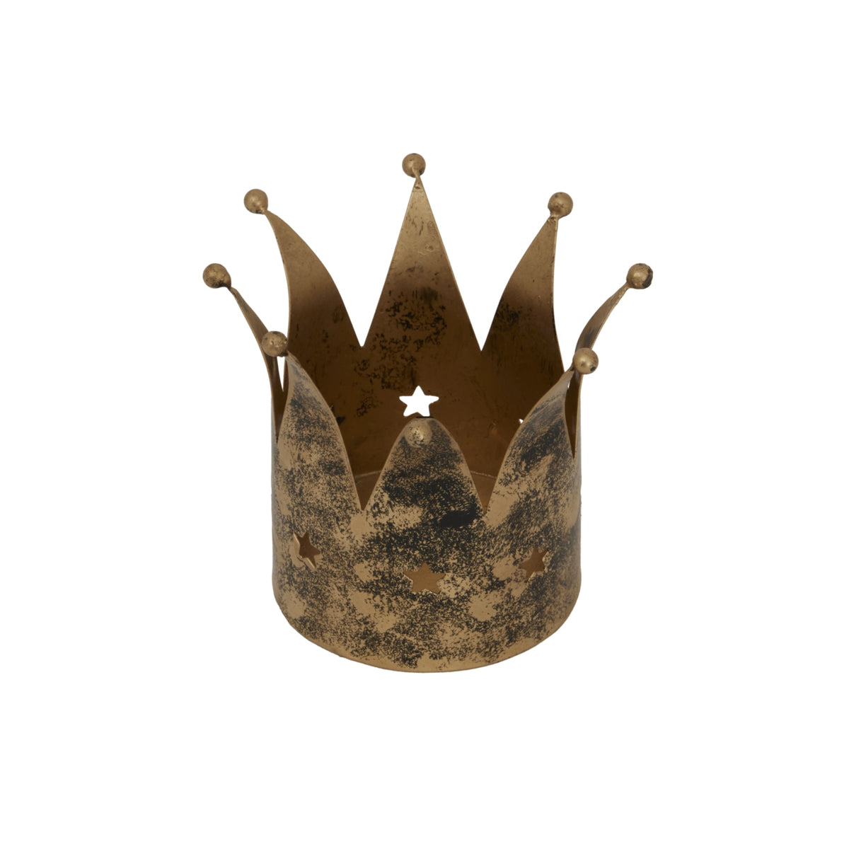 Angled view into the open gold crown candle holder, showing its interior, overlapping pointed panels and a star cut-out in the back wall.