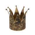 Front view of a distressed gold crown candle holder with ball-tipped peaks and three star cut-outs visible across the lower wall.