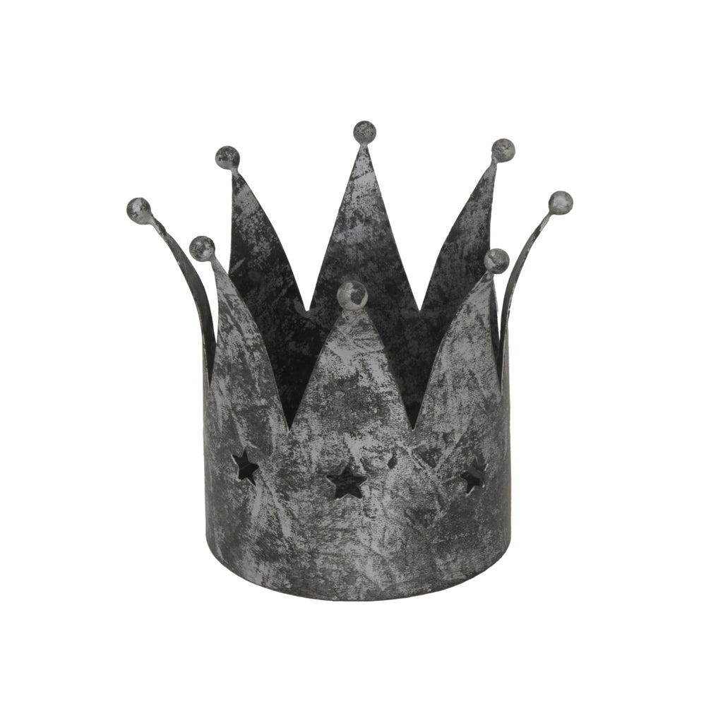 Front view of the antique-silver crown candle holder, showing ball-tipped peaks, star cut-outs and a mottled dark finish.