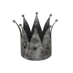 Front view of the antique-silver crown candle holder, showing ball-tipped peaks, star cut-outs and a mottled dark finish.