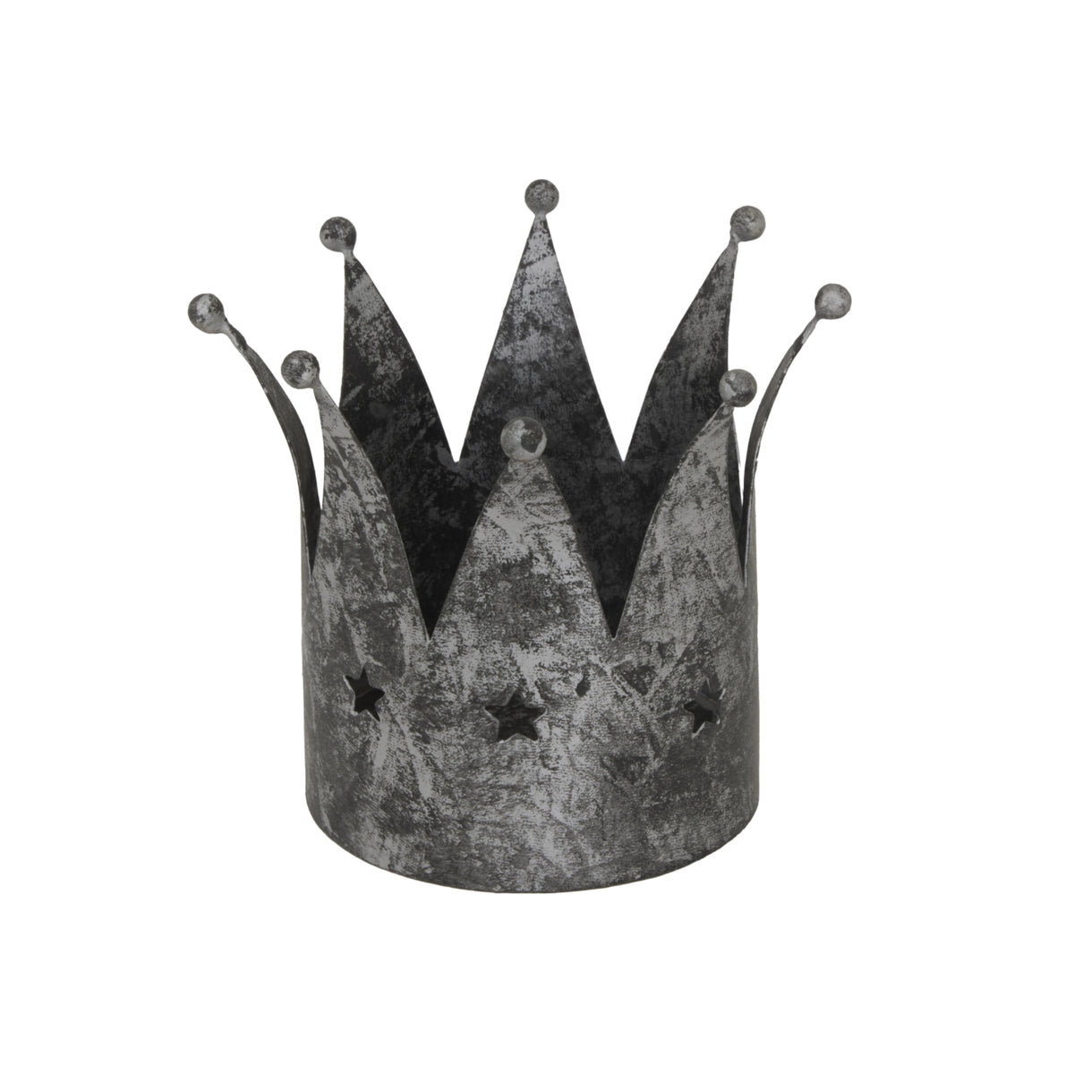 Front view of the antique-silver crown candle holder, showing ball-tipped peaks, star cut-outs and a mottled dark finish.