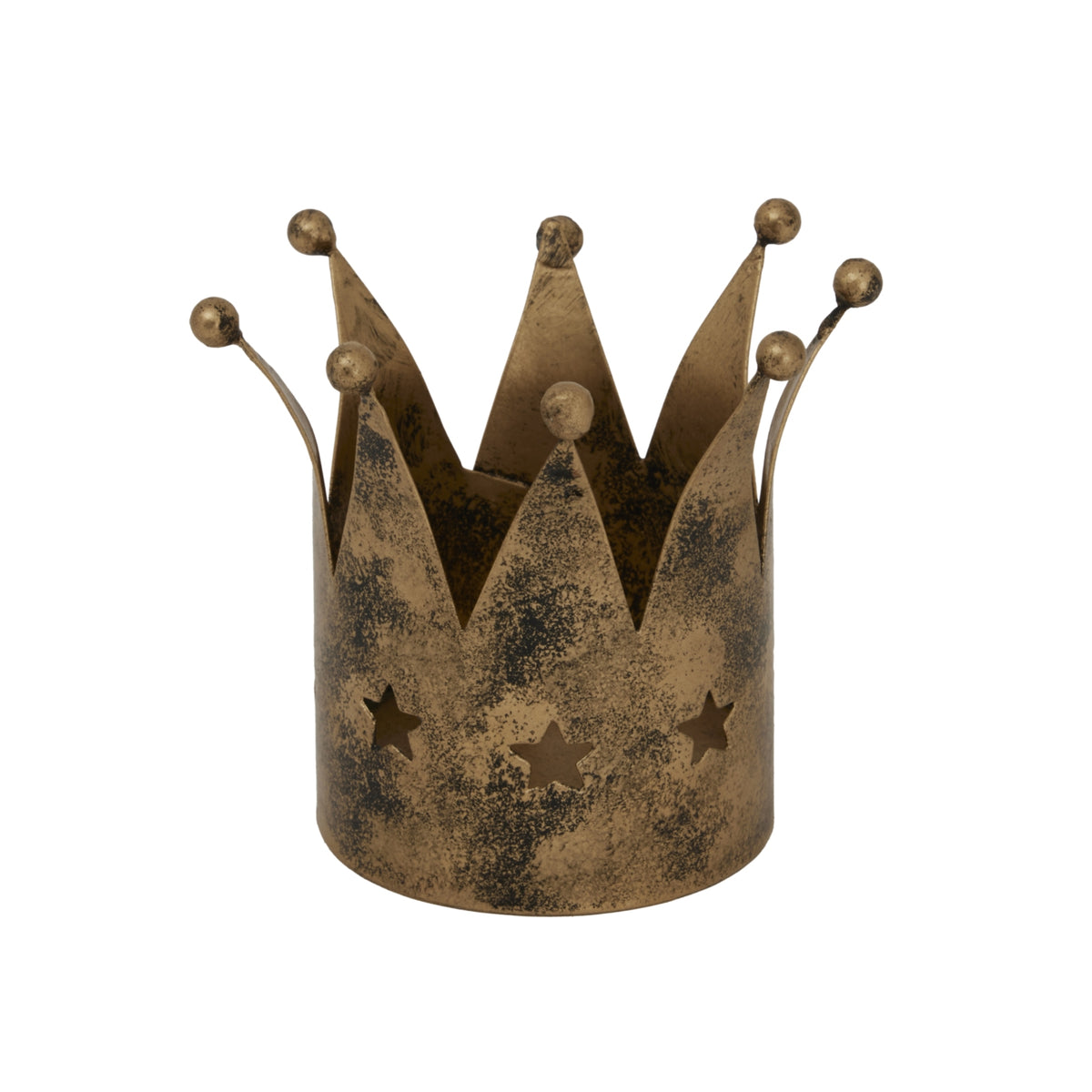 Front view of the antique-gold crown-shaped candle holder, showing dark mottling, ball-tipped peaks and three star cut-outs.