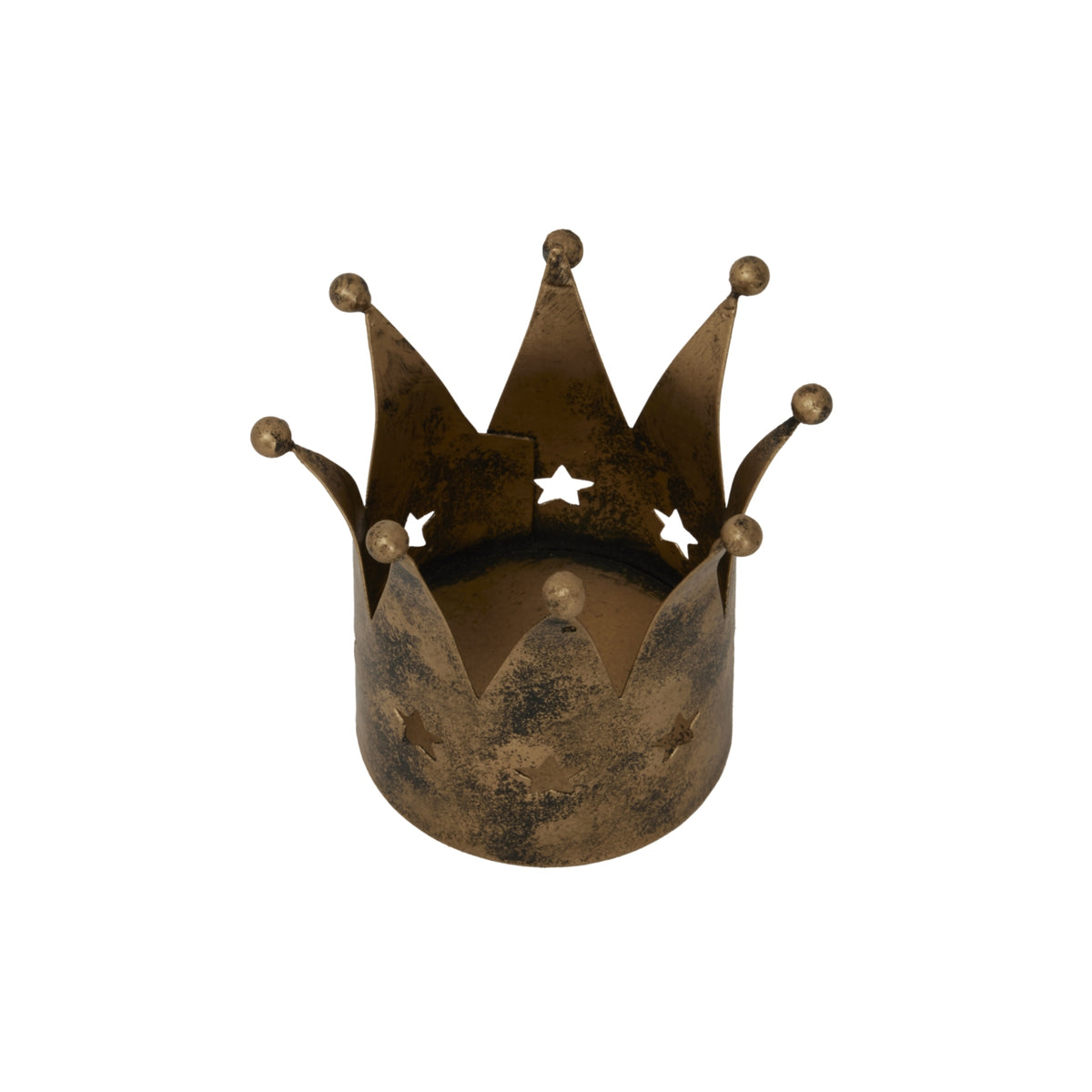 View from above of the distressed gold candle holder, revealing the open interior, overlapping crown panels and star-shaped openings.