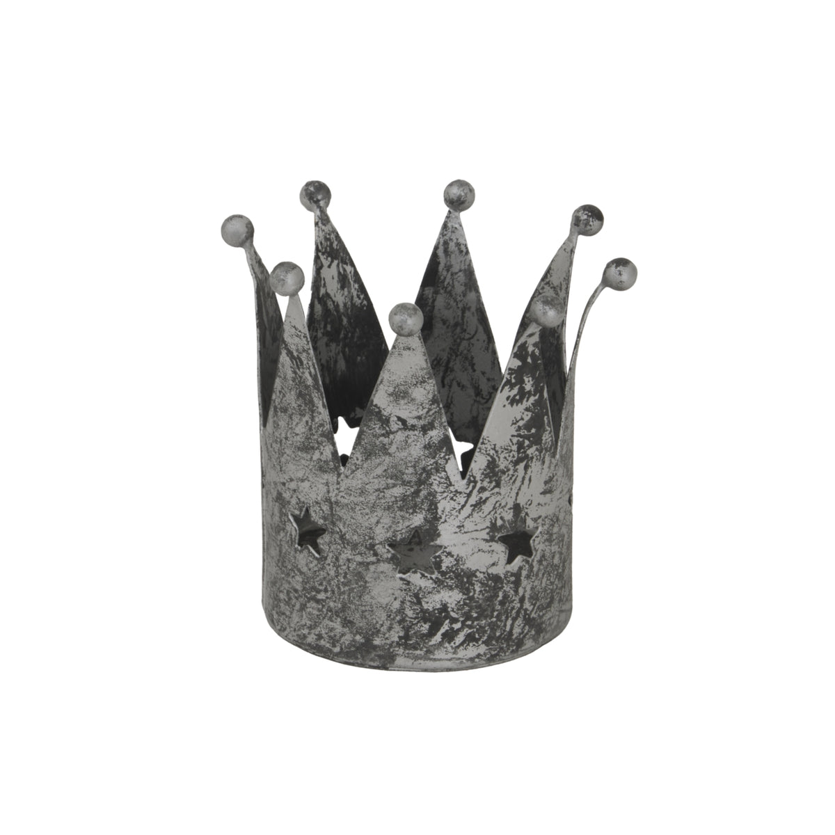 Front view of a distressed antique-silver crown candle holder with ball-tipped points and star cut-outs around the lower wall.