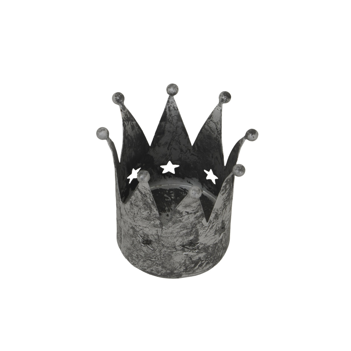 Angled view into the open crown candle holder, showing its circular interior, overlapping pointed panels and star-shaped openings.