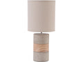 Table lamp against a white background, with a tall natural-coloured cylindrical shade and three-part base featuring a curved brown pattern on the middle band.