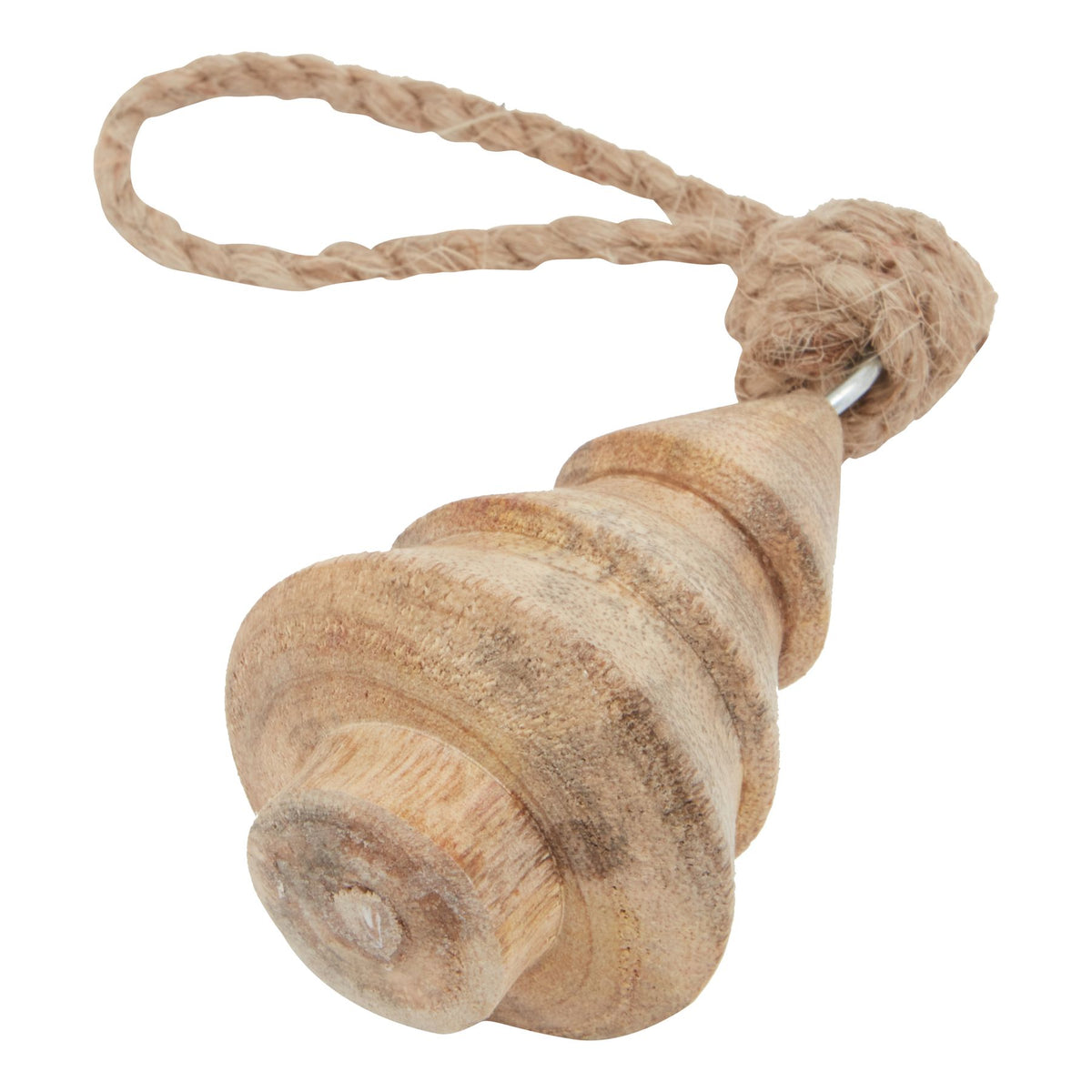 Angled close-up of the tree ornament showing its circular trunk base, banded tiers and silver-coloured eyelet beneath the coarse tan knot.
