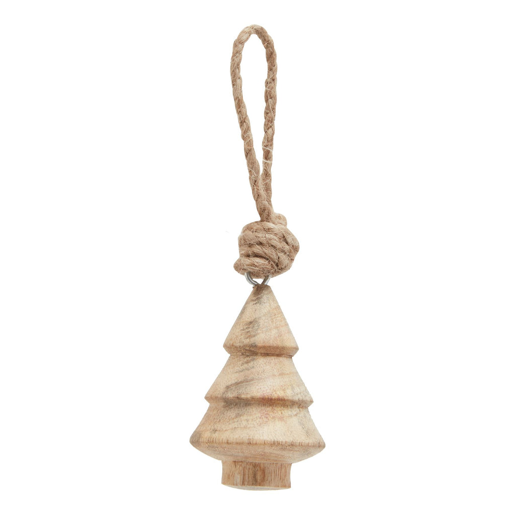 Tan tree-shaped hanging ornament shown upright, with three tapering tiers, dark bands, a short trunk and a long knotted loop.