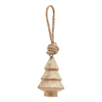 Tan tree-shaped hanging ornament shown upright, with three tapering tiers, dark bands, a short trunk and a long knotted loop.