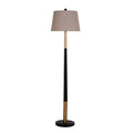 Bandline Floor Lamp on a white background, with a tapered warm-grey shade, black ball finial, slender black and gold-coloured column and stepped black circular base.