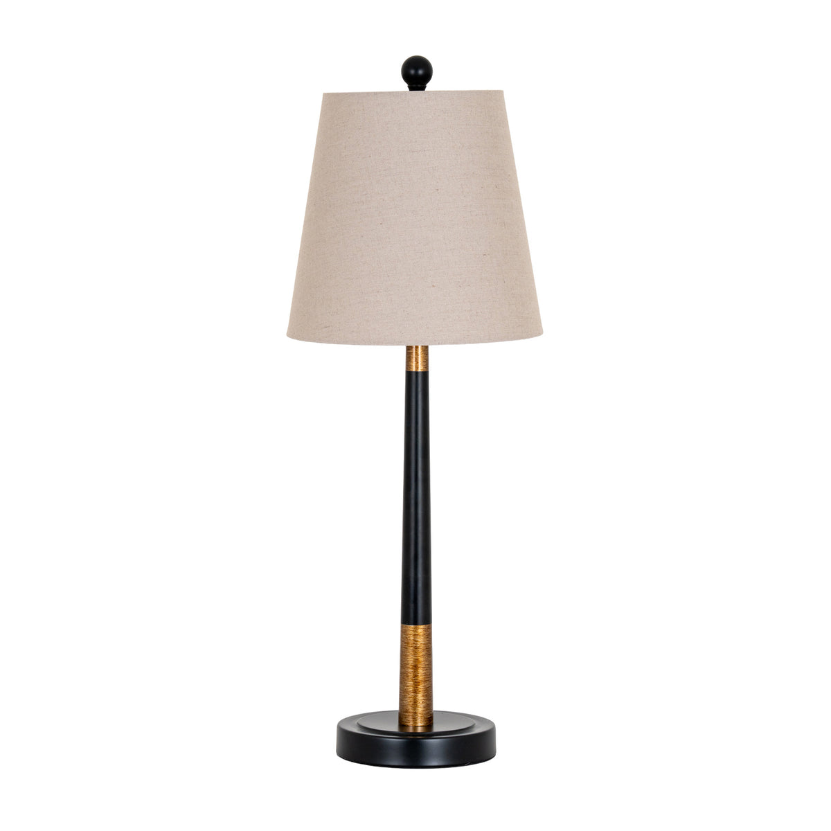 Bandline table lamp on a white background, with a tapered warm-grey shade, black ball finial and slender black stem with gold-coloured sections above a stepped round base.