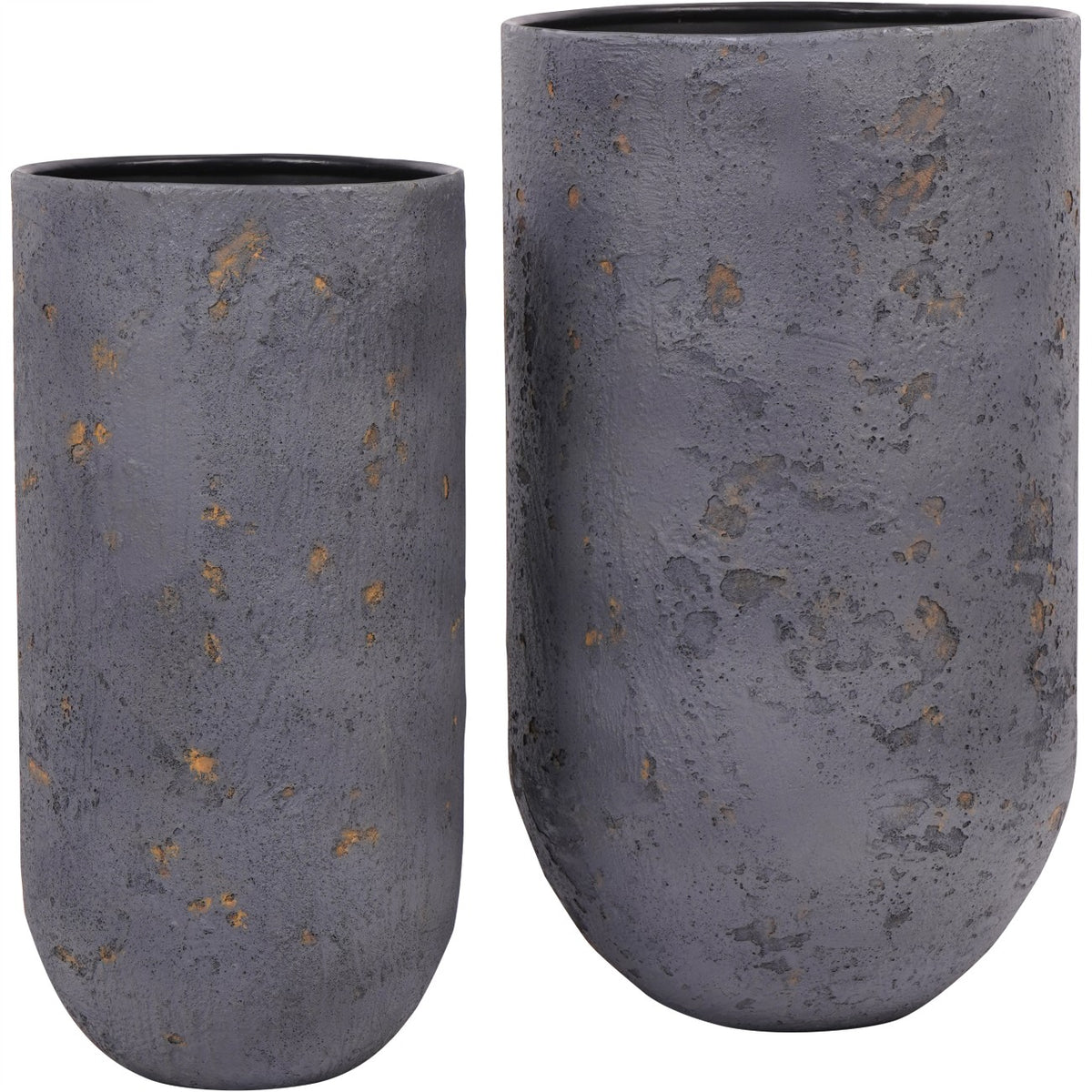 Front view of the two cylindrical planters, showing their differing sizes and irregular textured surfaces.