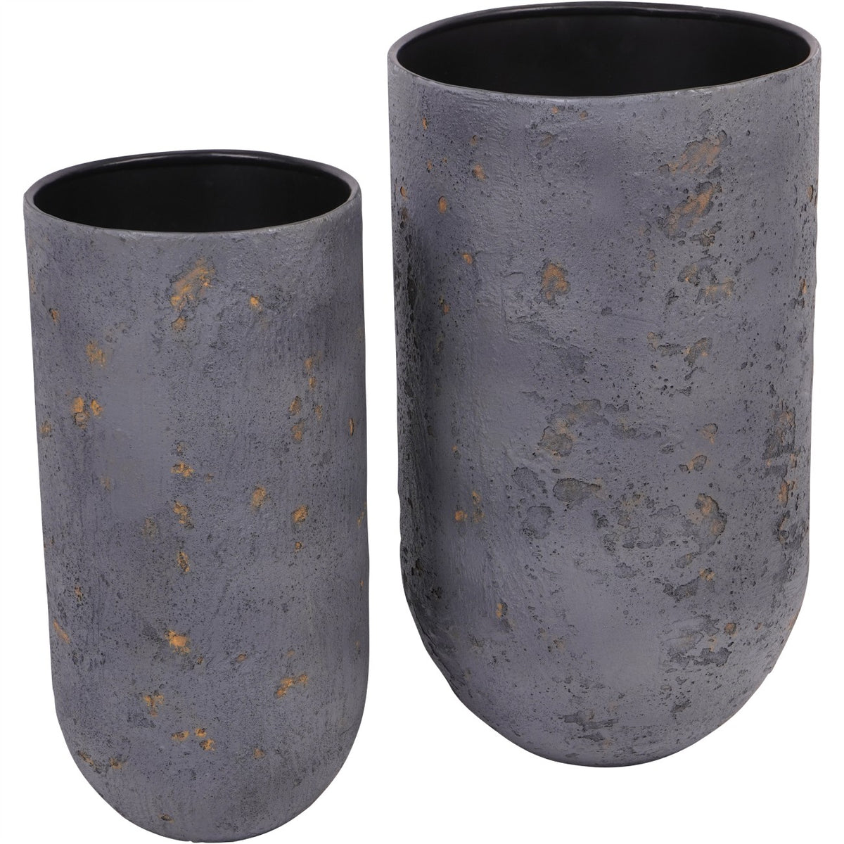 Two blue-grey planters with rust-gold flecks, the smaller on the left, showing black interiors and gently rounded bases.