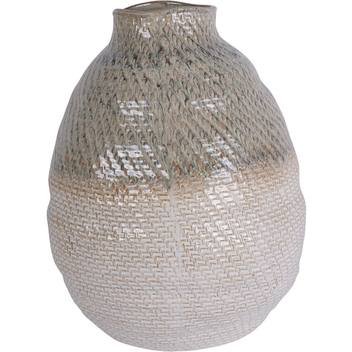 Extra-large Basketry Vase with an asymmetrical rounded body, grey-taupe shoulder and cream basket-weave relief below.