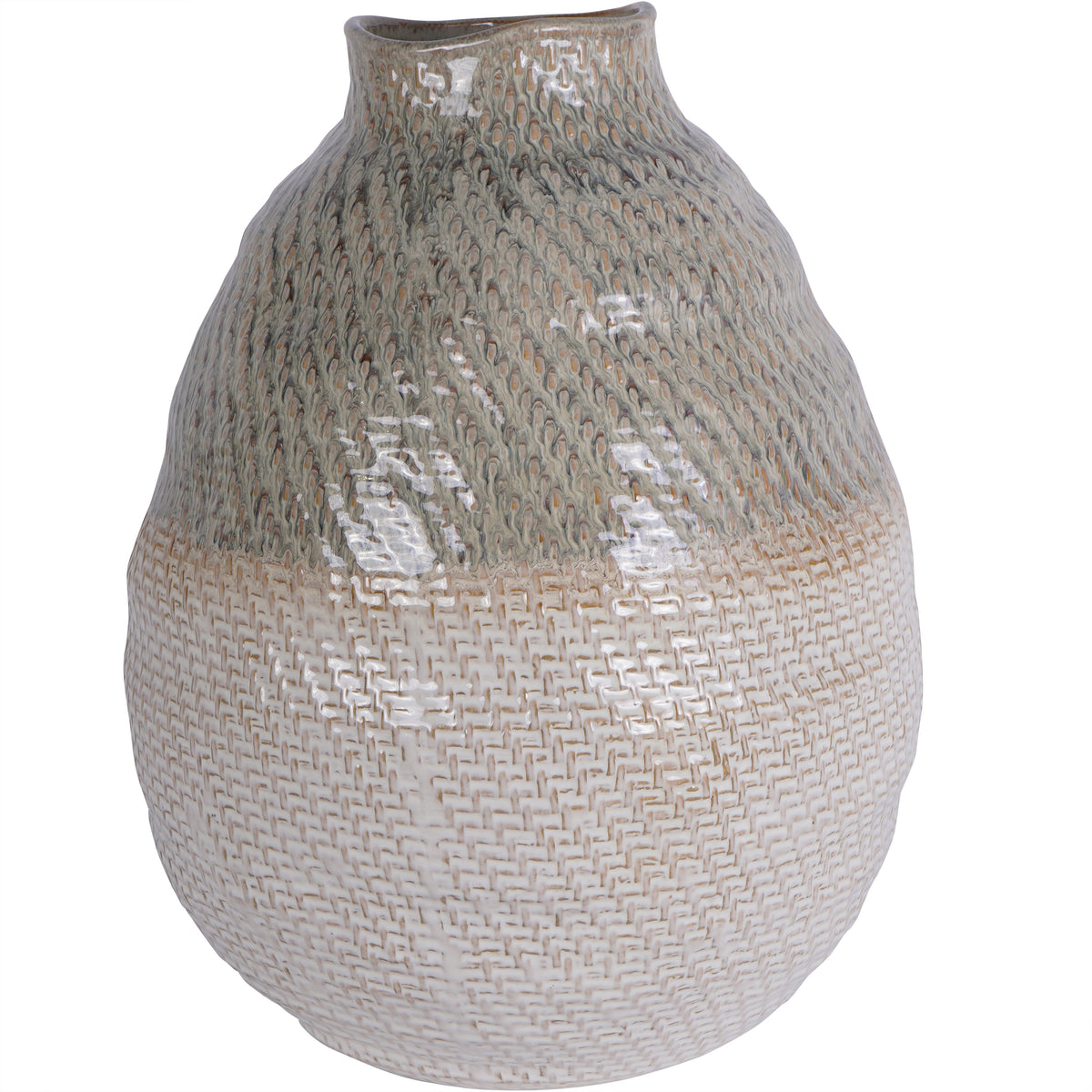 Alternate view of the Basketry Vase showing its uneven outline, narrow neck and glossy textured surface.