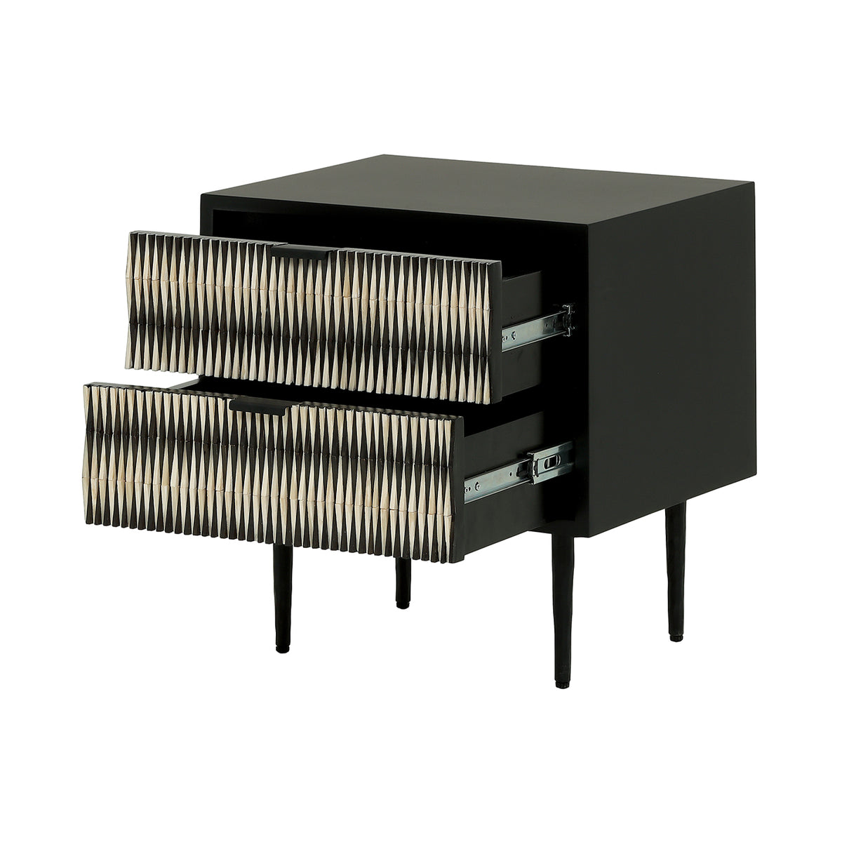 Bastion bedside table with both drawers open, showing black drawer interiors and metal runners.
