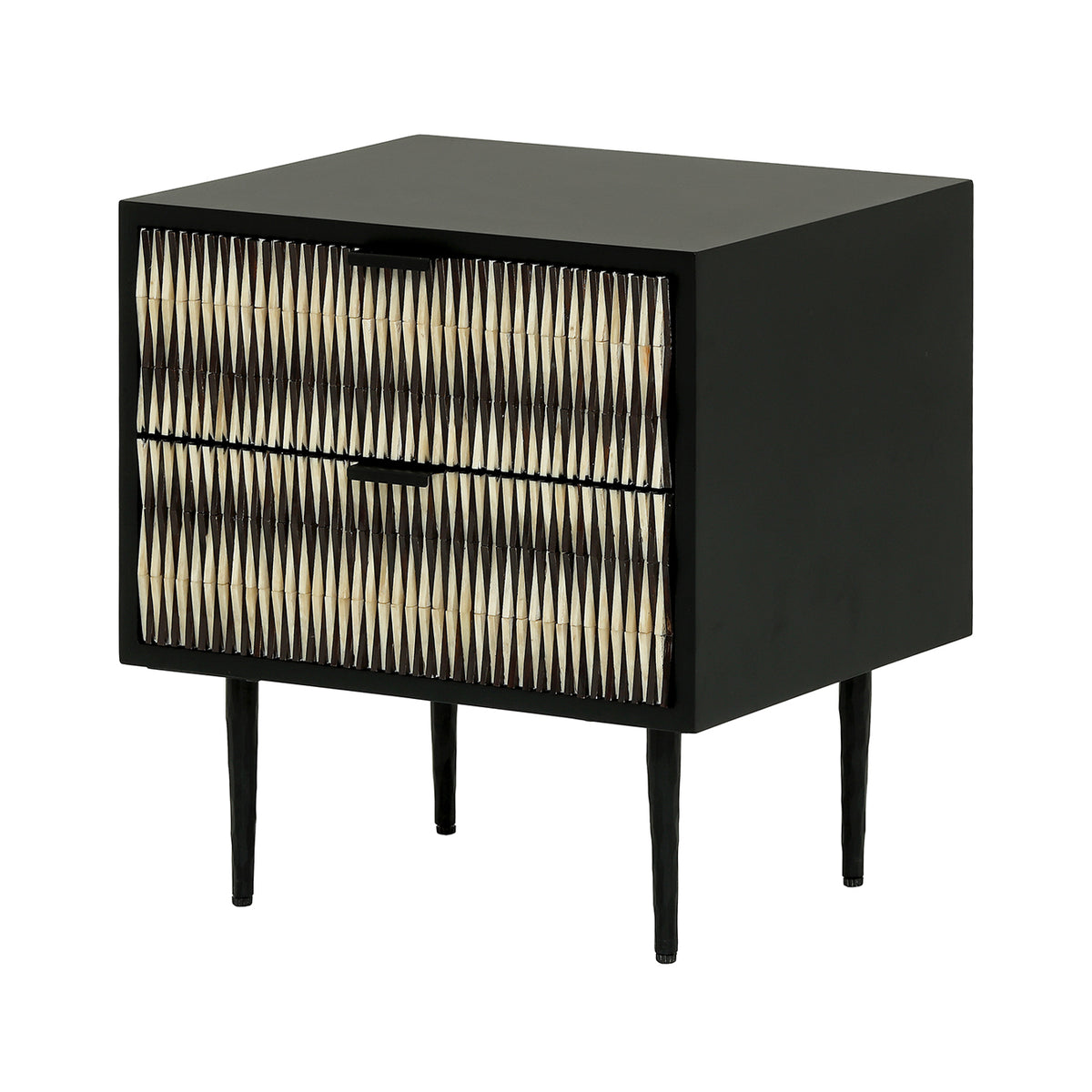Three-quarter view of the Bastion bedside table with two patterned bone-inlay drawers, a plain black top and four slender legs.
