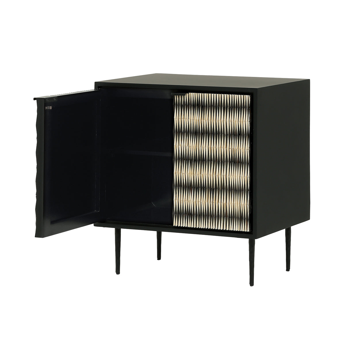 Bastion Cabinet with its left door open, showing the dark interior and horizontal shelf beside the closed patterned door.