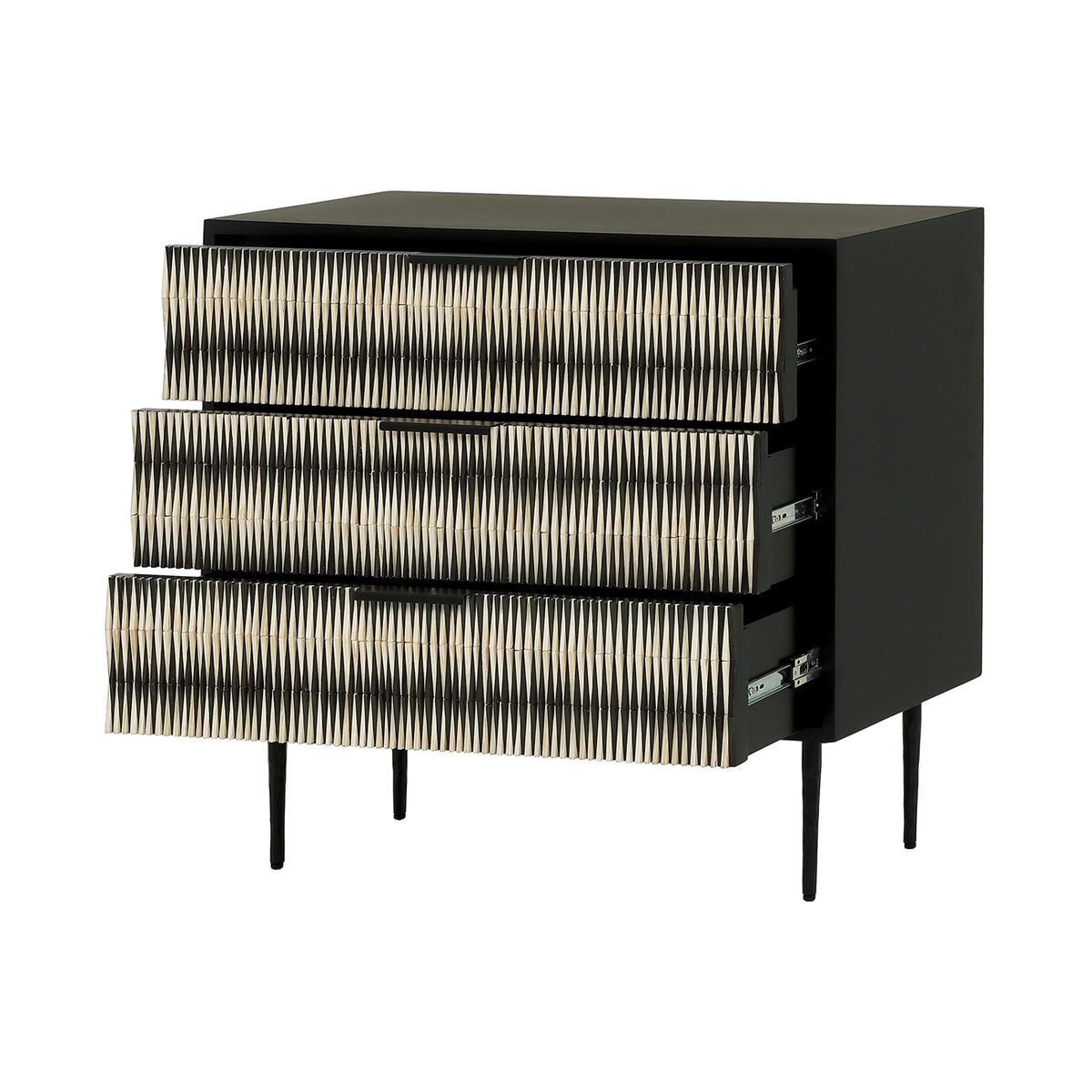 Bastion chest with all three drawers partially open, showing dark drawer sides and metal runners.