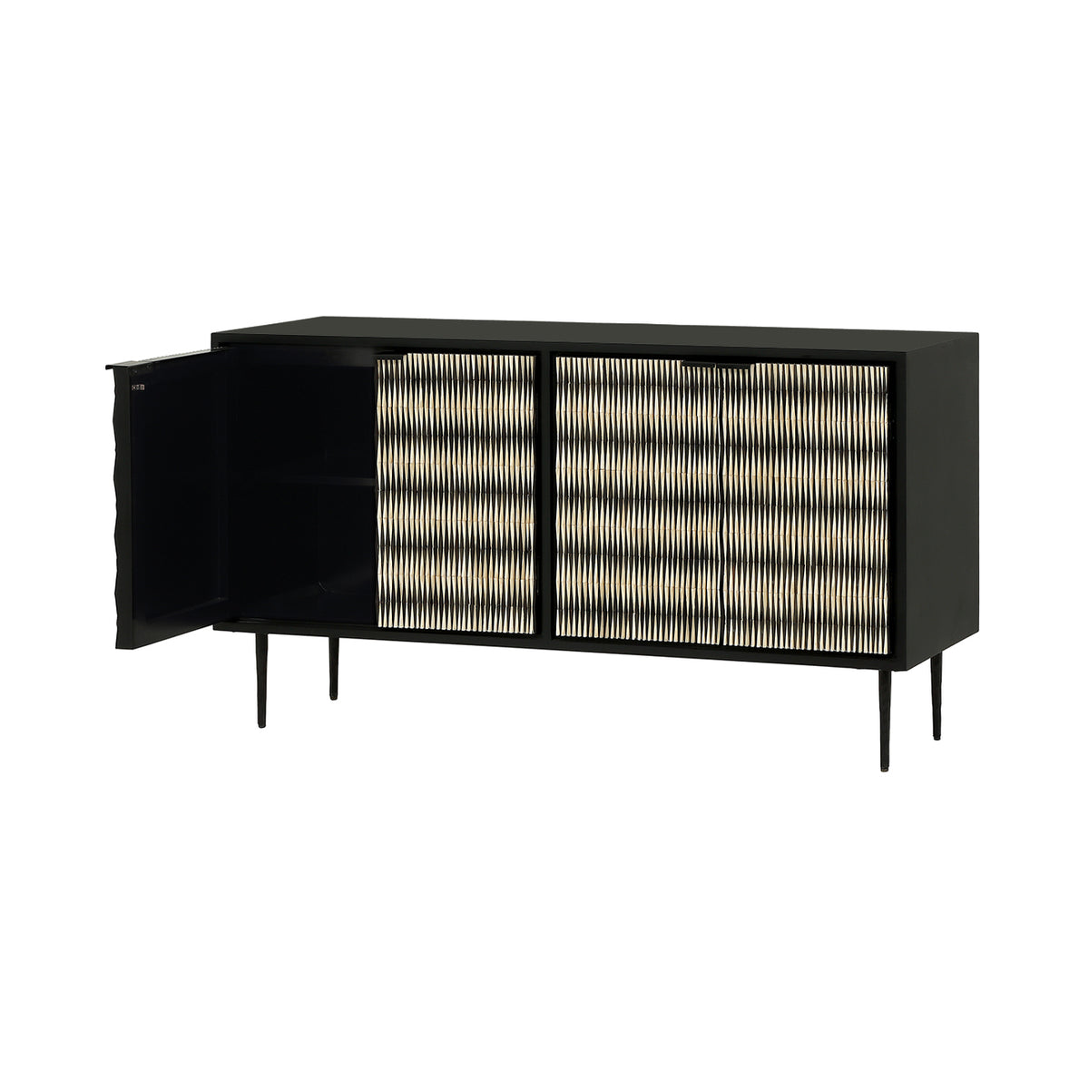 Bastion Sideboard with the left door open, revealing a black interior and horizontal shelf.