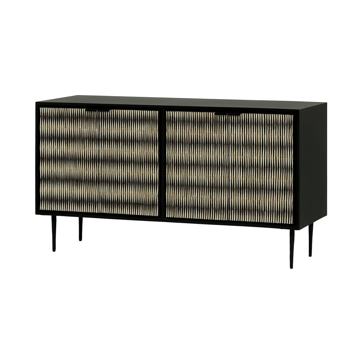 Angled view of the Bastion Sideboard with black and ivory patterned doors, a matt black top and slender legs.