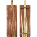 Front and reverse views of a long brown serving board with pale grain streaks, rounded corners and a narrow handle with a circular opening; two crosswise battens are visible on the reverse.