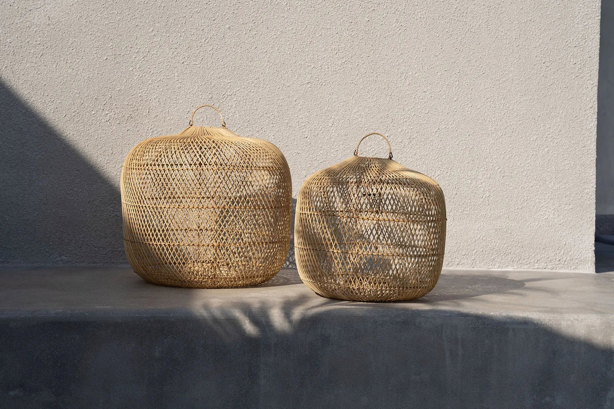 Batu Bolong Rattan Pendant Light – Natural, Medium — two sizes styled together