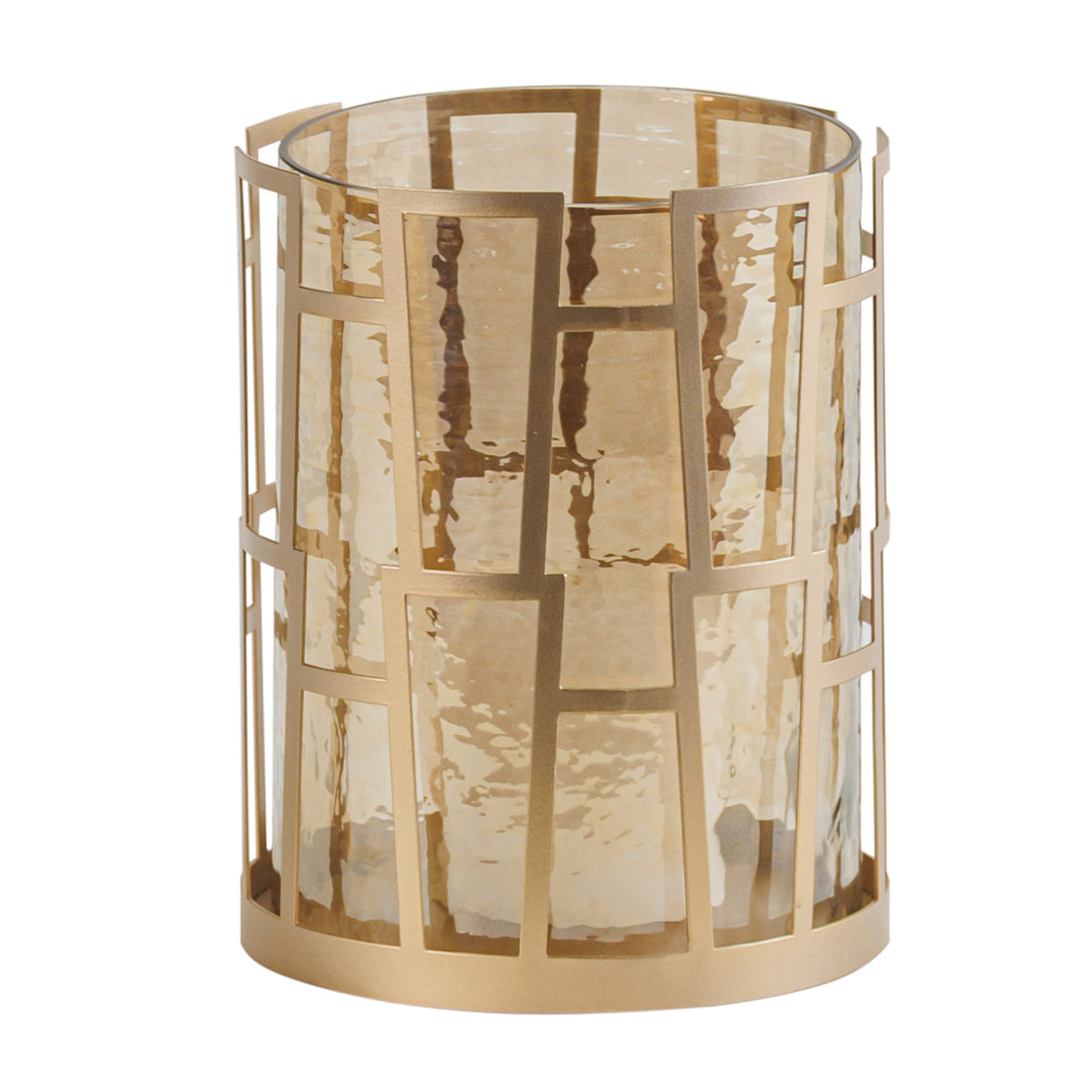 Beacon Hurricane candle holder with amber-tinted textured glass inside a champagne-gold rectangular framework, shown against white.