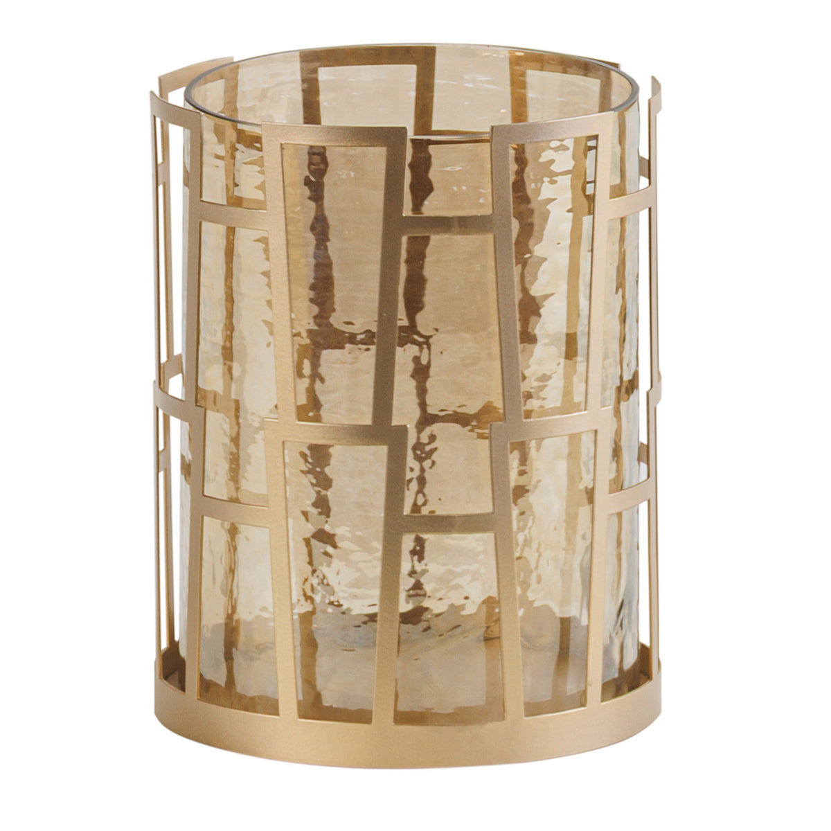Alternate view of the Beacon Hurricane showing overlapping rectangular metal outlines around the glass cylinder and a solid round base.