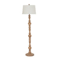 Full view of the Bead & Spindle Floor Lamp with a warm-brown shaped shaft, round base and pale tapered shade.