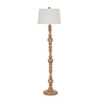 Full view of the Bead & Spindle Floor Lamp with a warm-brown shaped shaft, round base and pale tapered shade.