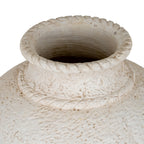 View into the vase's open neck, showing its rounded beaded rim, ridged interior and irregular off-white surface.