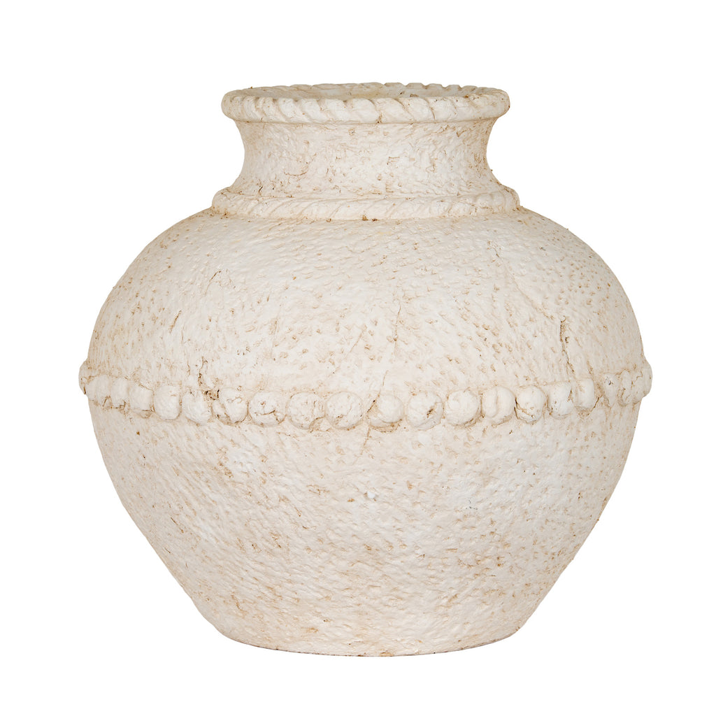 Warm off-white rounded vase with a short open neck and raised bead-like bands around the rim, shoulder and body.