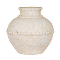 Warm off-white rounded vase with a short open neck and raised bead-like bands around the rim, shoulder and body.