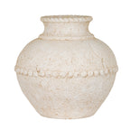 Warm off-white rounded vase with a short open neck and raised bead-like bands around the rim, shoulder and body.