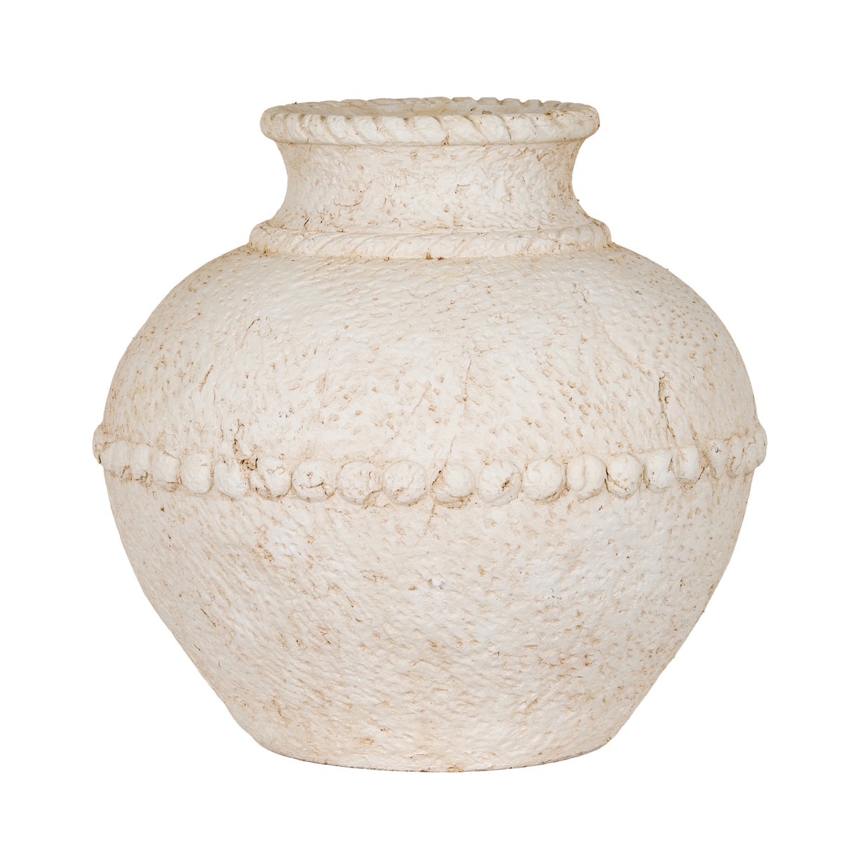 Warm off-white rounded vase with a short open neck and raised bead-like bands around the rim, shoulder and body.