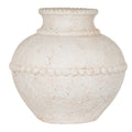 Warm off-white rounded vase with a short open neck, textured surface and raised bands around the lip, shoulder and body.