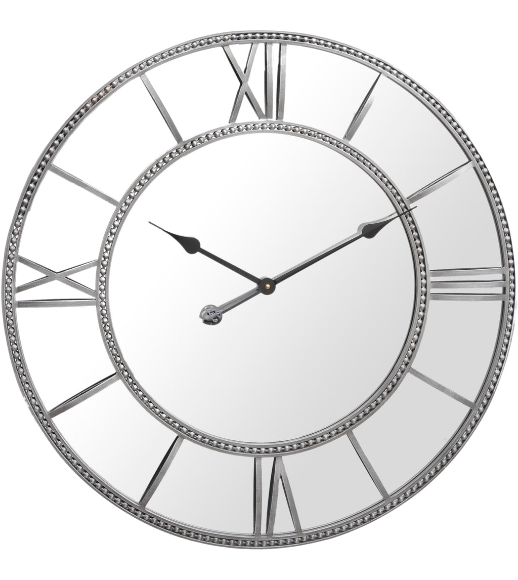 Front view of a round mirrored wall clock with grey Roman numerals, two beaded rings and shaped black hands.