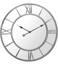 Front view of a round mirrored wall clock with grey Roman numerals, two beaded rings and shaped black hands.