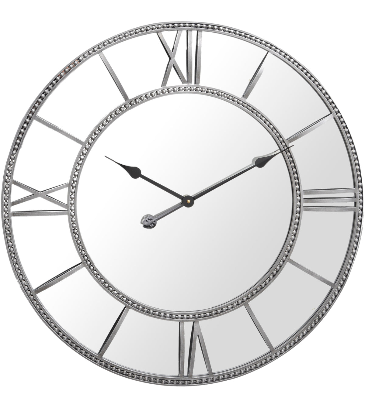 Front view of a round mirrored wall clock with grey Roman numerals, two beaded rings and shaped black hands.