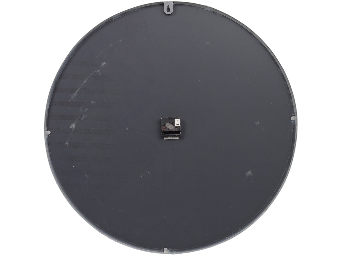 Rear view of the round wall clock, showing a dark backing, central clock mechanism and keyhole hanging tab at the top.