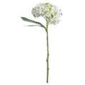 Full artificial hydrangea stem on a white background, with a rounded white and ivory flowerhead, small green buds and serrated leaves extending to the left.