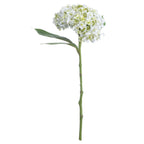 Full artificial hydrangea stem on a white background, with a rounded white and ivory flowerhead, small green buds and serrated leaves extending to the left.