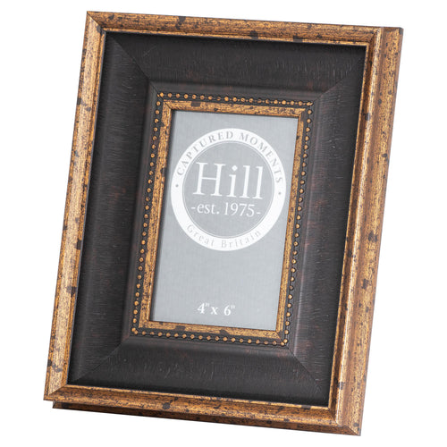 Portrait photo frame viewed from the front at a slight angle, with distressed gold-coloured edges, a broad black recess and a grey printed insert.