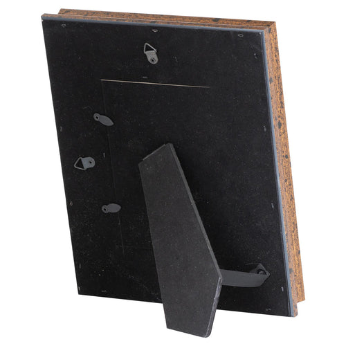 Rear view of the photo frame showing the black back panel, extended support leg, retaining tabs and two triangular loops.