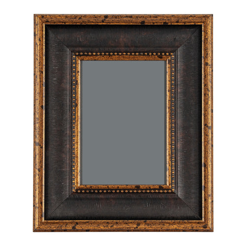 Front view of the rectangular photo frame showing its broad dark surround, gold-toned beading and empty grey picture opening.