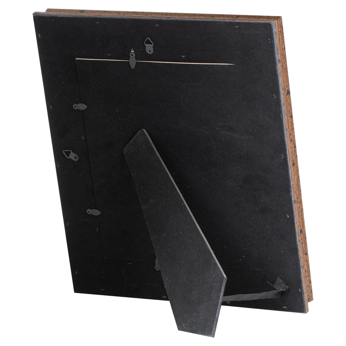 Rear view of the photo frame showing its black backing, turn tabs, two hanging loops and extended easel support.