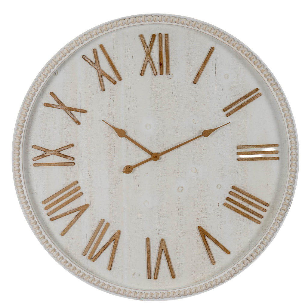 Front view of the round off-white wall clock with tan Roman numerals, slim hands and a raised bead border.