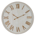 Front view of the round off-white wall clock with tan Roman numerals, slim hands and a raised bead border.